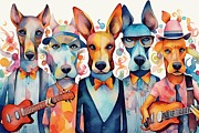 Watercolor Illustration Of A Abstract Funky Dogs Music Band Illustration Fashionable Retro Pop And Coroful Pattern Anthropomorphic Animal   #1 Painting by N Akkash
