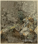 Waterfalls in a Mountain Forest #2 Drawing by Johann Georg von Dillis