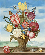 16191620-Bouquet of Flowers on a Ledge Painting by 19th Century