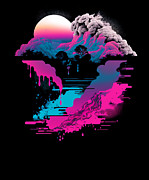Vaporwave Abstract Landscape Moon Tree Waterfall Blue Purple #2 Digital Art by Toms Tee Store