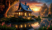233-Fantastical Sunset at Enchanted tiny cottage and lake and garden-9999  Mixed Media by Donald Keith