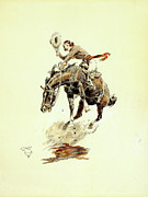 Bucking Horse and Cowgirl #3 Painting by Charles Marion Russell
