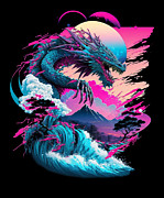 Dragon Vaporwave Abstract Landscape Moon Tree Waterfall #3 Digital Art by Toms Tee Store