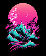 Vaporwave Abstract Landscape Moon Tree Waterfall Blue Purple #5 Digital Art by Toms Tee Store