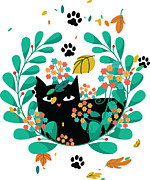 Cute Cat in Floral Garden and Paw Prints #6 Digital Art by Jacob Zelazny