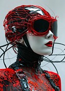 A mannequin head is adorned with an elaborate red wire headpiece and oversized dark sunglasses. It f Digital Art by Artfinity X