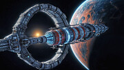 A spaceship hovers near a planet Digital Art by Mango Art
