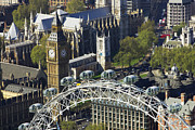 Aerial view of London showing Houses of Parliament and London Eye on the river Thames Photograph by Davis McCardle