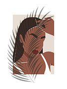 African Women Wall Art Black Woman Art Boho Art Prints Tropical Leaf Plant African American Art, 2/3 Drawing by Mounir Khalfouf