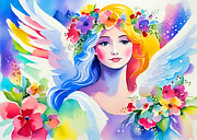 Angel with Flowers I Painting by Munir Alawi