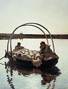 Ave Maria, A mother holding her child against her with a herd of sheep on a ferry crossing a river Painting by Giovanni Segantini