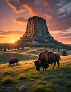 Bison at the Devils Tower Digital Art by Greg Joens