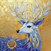 Blue And Gold Deer Painting by Tina LeCour Blue And Gold Deer Painting by Tina LeCour