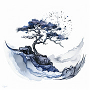 Blue Tree on a Cliff - Mid-Century Modern Minimalist Line Art Painting by Lourry Legarde