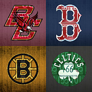 Boston Sports License Plate Art Collage BC Red Sox Bruins and Celtics Mixed Media by Design Turnpike
