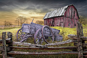 Broken Down Wagon behind Wooden Rail Fence and Weathered Red Barn at Sunset Photograph by Randall Nyhof Broken Down Wagon behind Wooden Rail Fence and Weathered Red Barn at Sunset Photograph by Randall Nyhof
