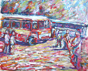 Buses at Lower Meherabad at Amartithi Full of Pilgrims Hostel D Painting by Pete Caswell