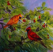 Cardinal Mates in a Pine Tree Painting by Barbara Landry