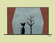 Cat Spies Cardinal Bird Digital Art by Donna Mibus