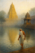 Chidambaram Temple Ghat, South Indian Sacred Morning Digital Art by Atma Jyoti Ashram