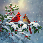 Christmas Cardinals and Holly in Snow Painting by Crista Forest
