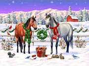 Christmas Horses Winter Farm Scene Painting by Crista Forest