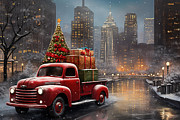 Christmas in Chicago - A Red Truck by the River Painting by Lourry Legarde Christmas in Chicago - A Red Truck by the River Painting by Lourry Legarde