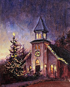 Church at night. Christmas Lights.  Painting by Sasha S Fair