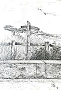 Clothesline by the Sea Drawing by Sue Gandy