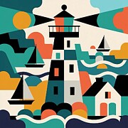 Folk Art Coastal Scene with Lighthouse #3 Digital Art by Stephanie Fischer