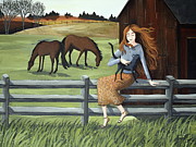 Country Girl farm horse cat Painting by Debbie Criswell Country Girl farm horse cat Painting by Debbie Criswell