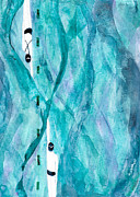 Girl Boy Swim Bright Blue Mixed Media by Mary Conner