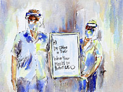 COVID 19 Health Care Workers Clear Face Shields Pen Watercolour Wash Painting by Ryn Shell