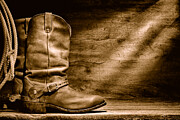 Cowboy Boots on Wood Floor - Sepia Photograph by American West Legend