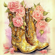 Cowgirl Boots And Roses Painting by Tina LeCour Cowgirl Boots And Roses Painting by Tina LeCour