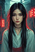 Cyberpunk Maiden - Neon Ghost in the Alley Digital Art by Matthias Hauser