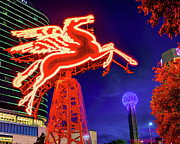 Dallas Flying Red Pegasus and Reunion Tower at Dusk Photograph by Gregory Ballos