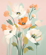 Delicate Blossoms - Cream and Orange Abstract Painting by Lourry Legarde