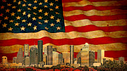 Downtown Houston skyline blended with the US flag waving on old paper texture Digital Art by Nicko Prints