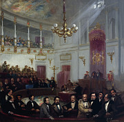 'Escena parlamentaria en el Salon de Sesiones del Congreso de los Diputados', 1854-1855, 39 x 40 cm. Painting by Eugenio Lucas Velazquez -1817-1870-