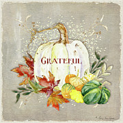 Fall Autumn Grateful Harvest White Pumpkin and Leaves Painting by Audrey Jeanne Roberts
