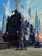Fantasy big railroad locomotive departing city Digital Art by Martin Davey