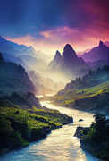 Fantasy Landscape 04 River and Magical Mountains Digital Art by Matthias Hauser