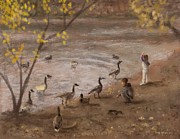Feeding Geese Painting by Larry Whitler