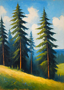 Fir trees forest at the edge of the pasture - digital painting Digital Art by Nicko Prints