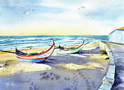 Fishing Boats at Mira Beach in Portugal Painting by Dora Hathazi Mendes
