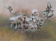 Flock of Goldfinches on Thistle Painting by Alan M Hunt