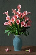 Flower painting of elegant pink calla lilies in a porcelain vase Digital Art by Vintage Wall Art