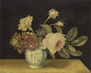 Flowers in a Delft Jar black  botanical subject  botany  carnations  delftware  faience  flowers  plants   insects  jar  leaves  perspective  roses  plant   science  still life  table  vase  Painting by Alexander Marshal