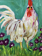 Fluffly White Rooster Painting by Roxy Rich
